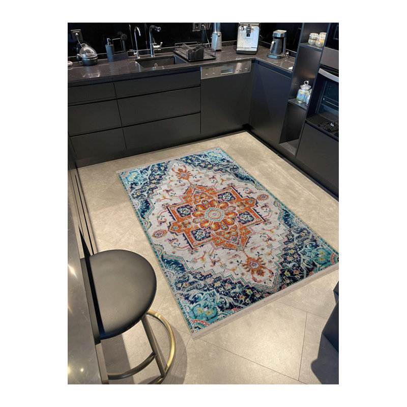 Tapis décoratif rétro beige à motif décoratif traditionnel et motif lavable à la machine, Rectangle 3 pi 3 po x 4 pi 11 po