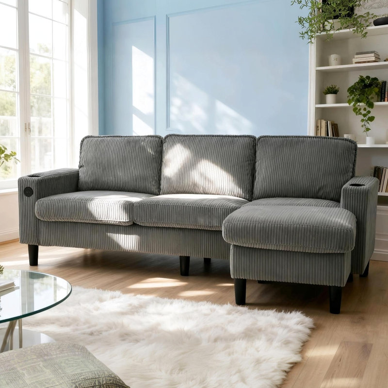 Grey 3 With Storage And Footrest For Living Room, Featuring Port, Cup Holders, Armrest - Modern Style, Linen Upholstery , , Comfortable Footrest, Storage, American Design