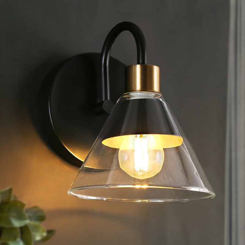 Modern  1-Light Black Gold Dual-Layer Cone Glass Wall Sconce Minimalist Armed Vanity Light, Black, 7" H x 6.5" W x 6.5" D