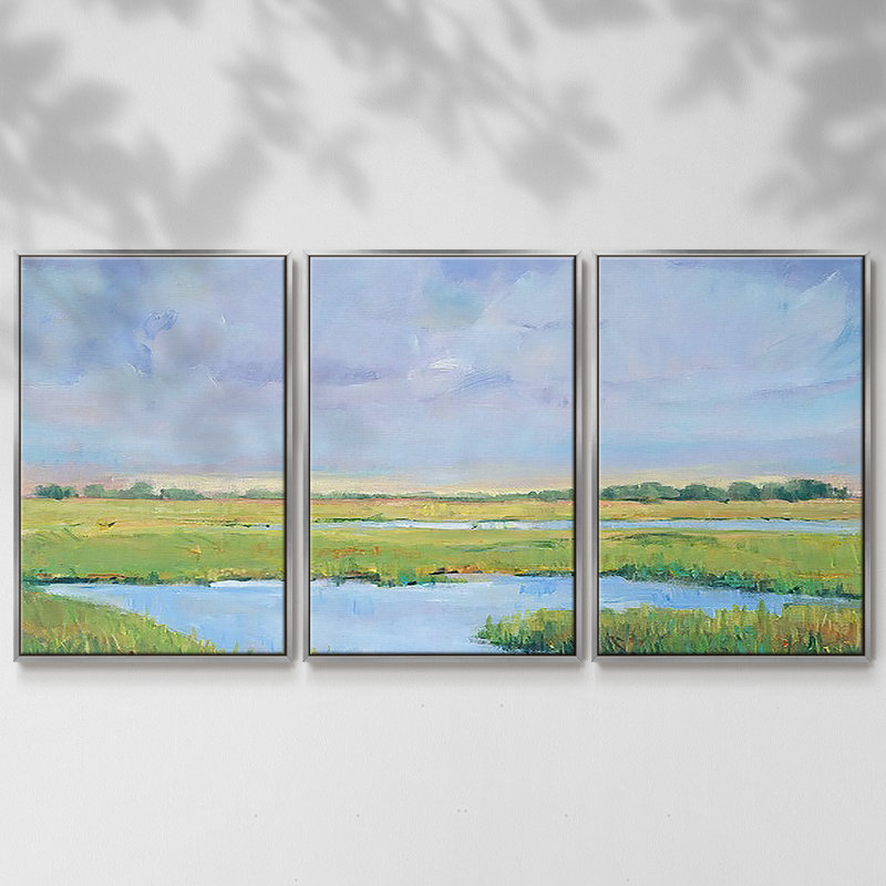 Summer Marsh I - Toile encadrée à pièces multiples, H 24 po x l 48 po x P 2 po, Argent