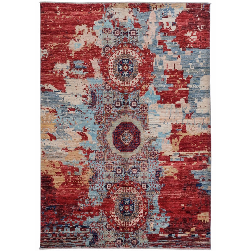 Tapis rouge et bleu noué à la main de haute qualité