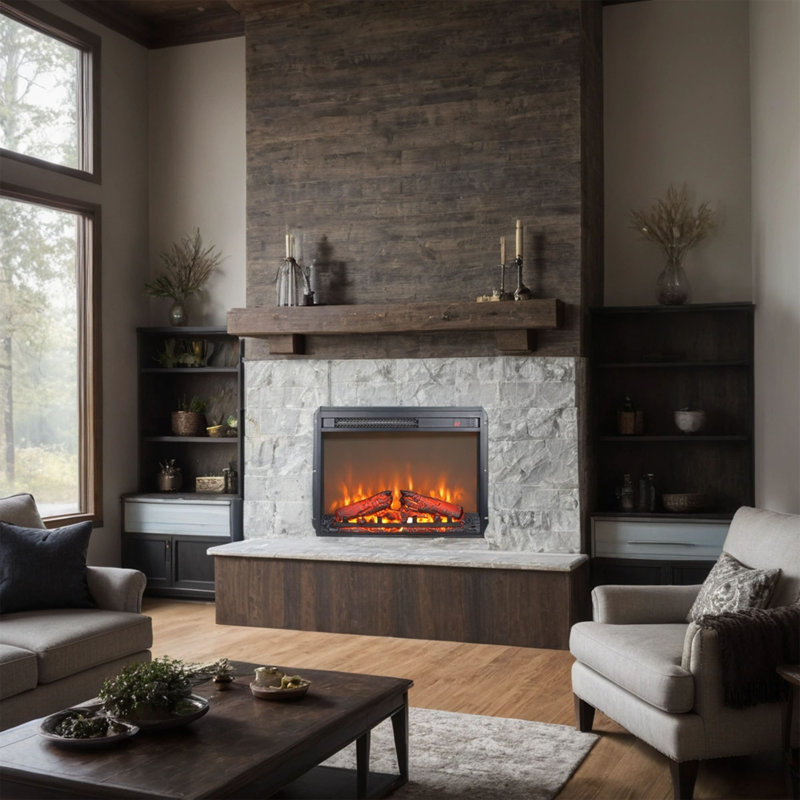 26 inch electric fireplace insert, ultra thin heater with log set & realistic flame, remote control with timer, overheating protection
