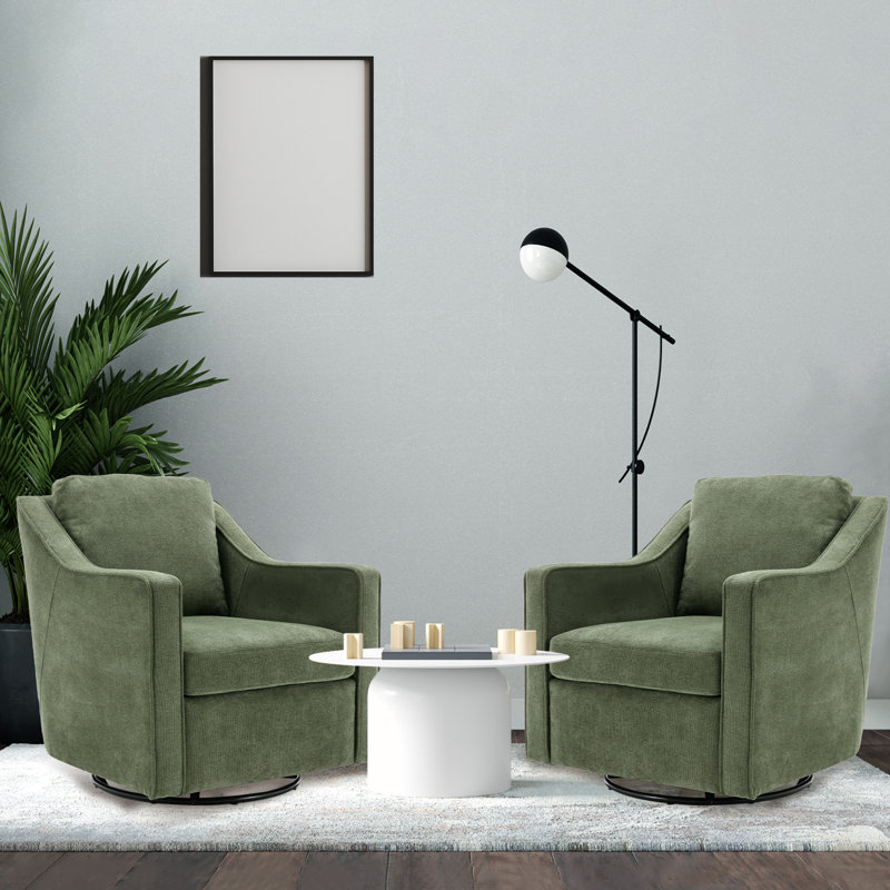 Bronnen Big And Wide Upholstered Cushion Swivel Armchair with Removable Back Cushion, Green Polyester