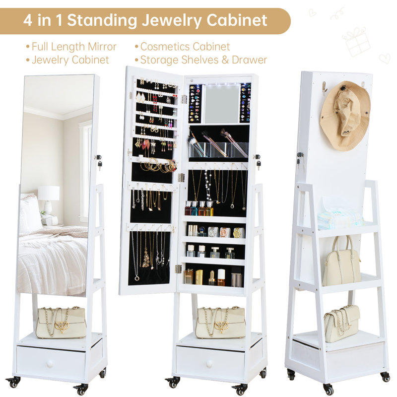 Armoire à bijoux avec miroir sur pied, miroir pleine grandeur avec rangement pour bijoux avec écran tactile et miroir de meuble-lavabo