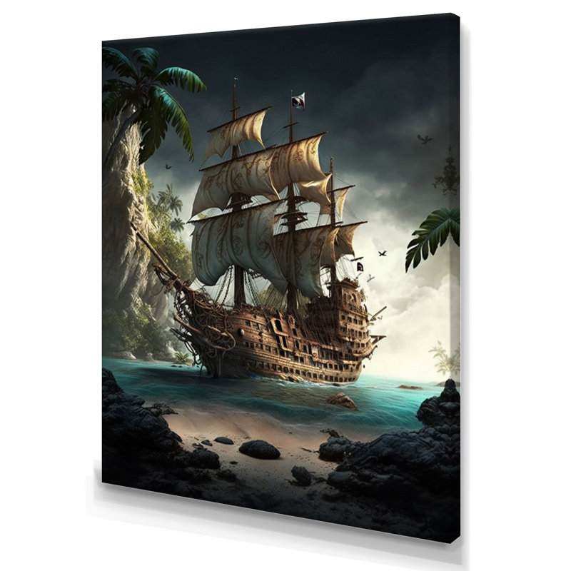 Bateau pirate sur l'océan - reproduction sur toile, H 32 po x l 24 po x P 1 po, Toile tendue