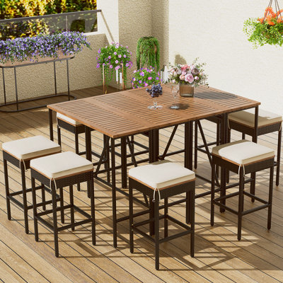 Table de bar d'extérieur en bois d'acacia 10 pièces et huit tabourets avec coussins, rotin PE