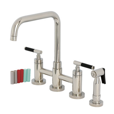 Kingston Brass Kaiser Two-Handle 4-Hole Deck Mount Bridge Kitchen Faucet with Brass Side Sprayer