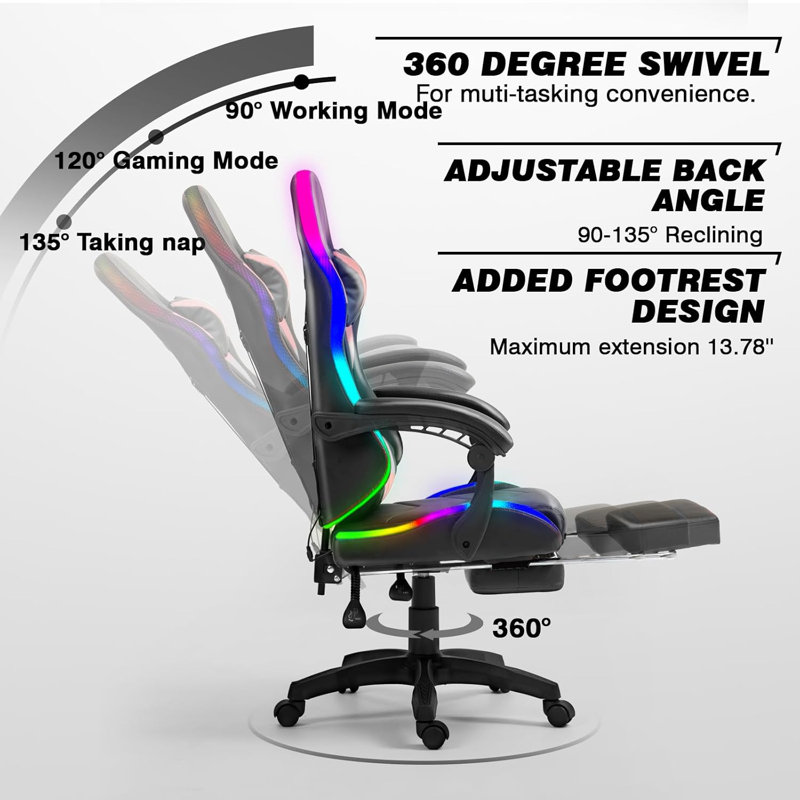 RGB LED Lights Gaming Chair with Footrest and Lumbar Massager for Adults and Kids, Pink
