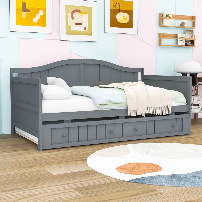 Twin Wood Daybed with Pull-Out Twin Trundle and Slats Support, Gray