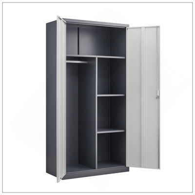 Garde-robe de grande capacité en métal gris avec tringle et compartiments suspendus, garde-robe verrouillable avec serrures et clés, fabrication en acier, imperméable et ignifuge, convient à la chambre à coucher, au salon et à la salle de lavage.