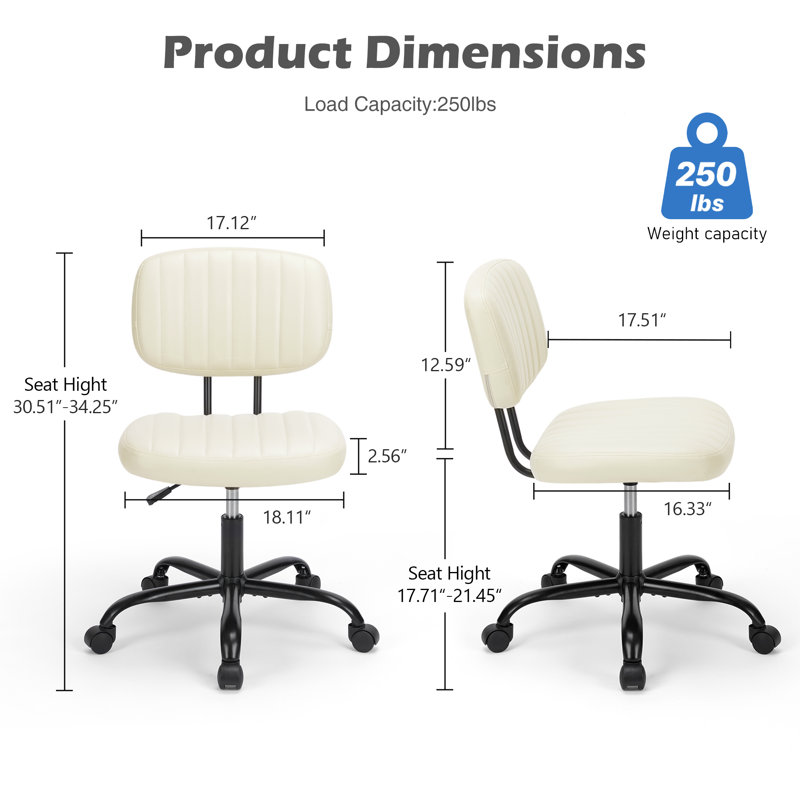 Duthill Armless Home Office Chair, Faux Leather Swivel Task Chair with Back, White