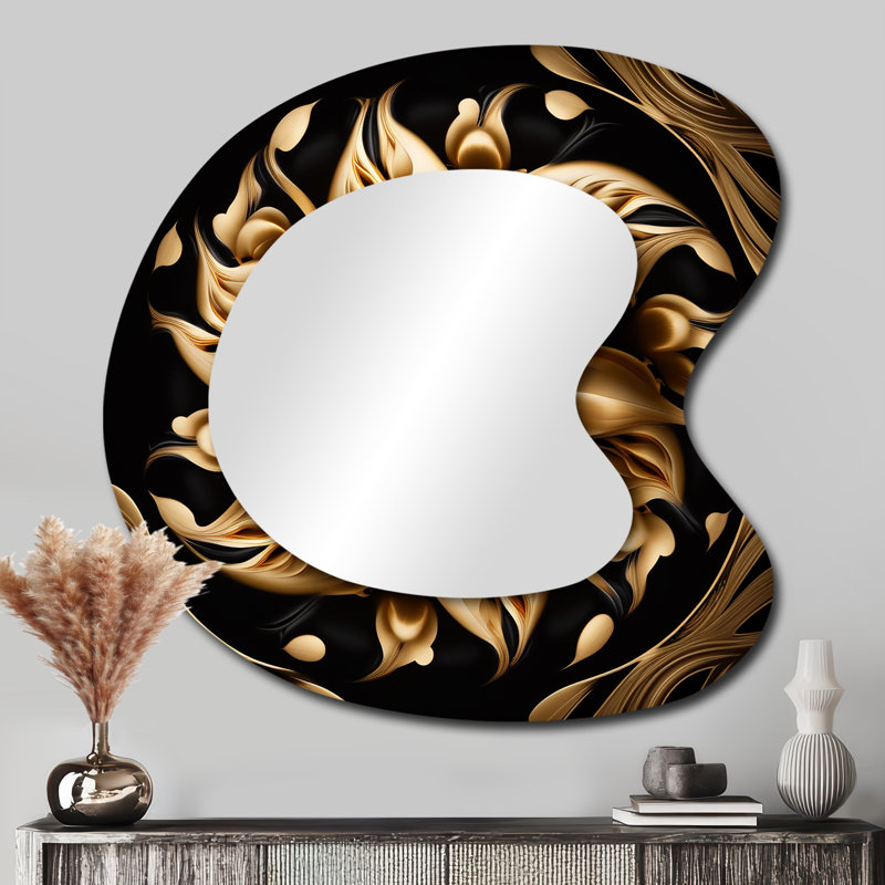 Gaéton doré sur noir V - miroir mural décoratif asymétrique Lily, miroir de forme unique moderne, impression sur métal