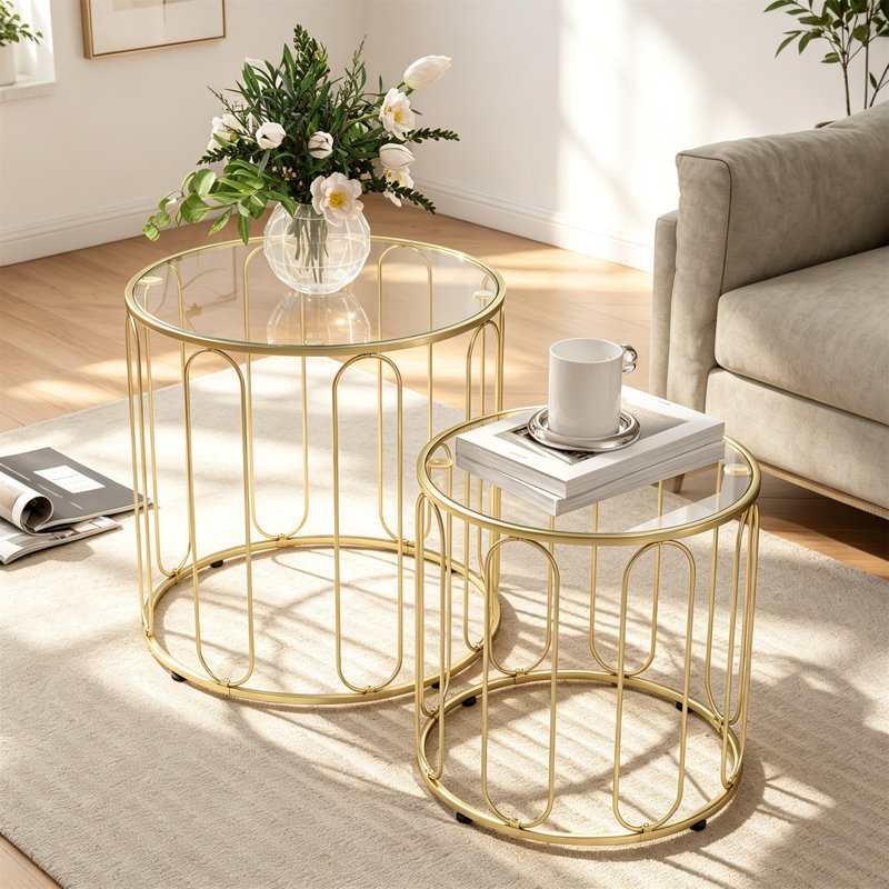 Set of 2 Glass-Top Coffee Tables, Gold Tone