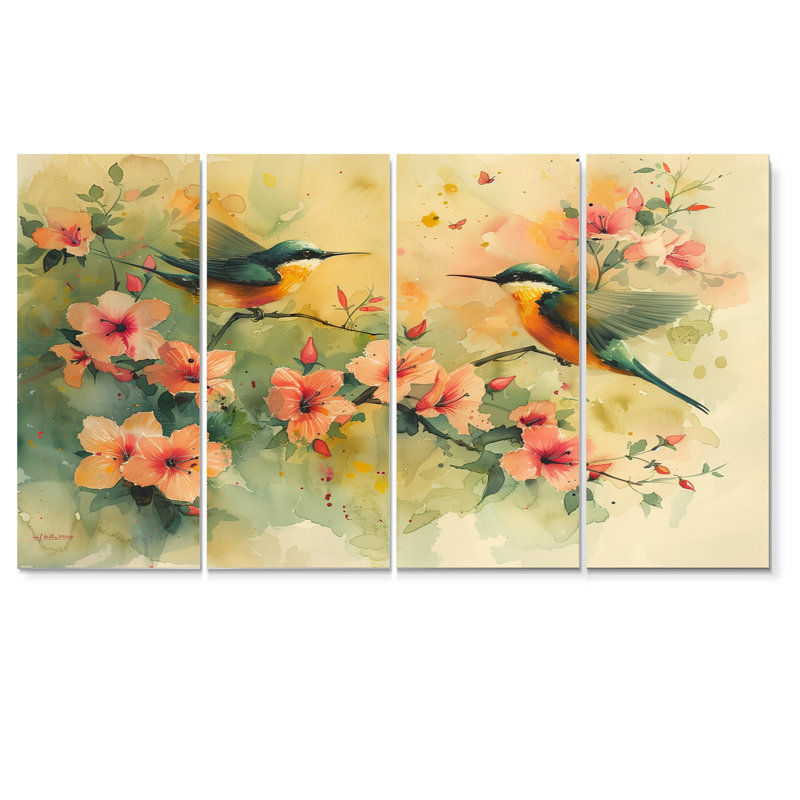 Fleurs jaunes et vertes d'Eden Birds IV - ensemble d'art mural oiseau, H 32 po x l 64 po