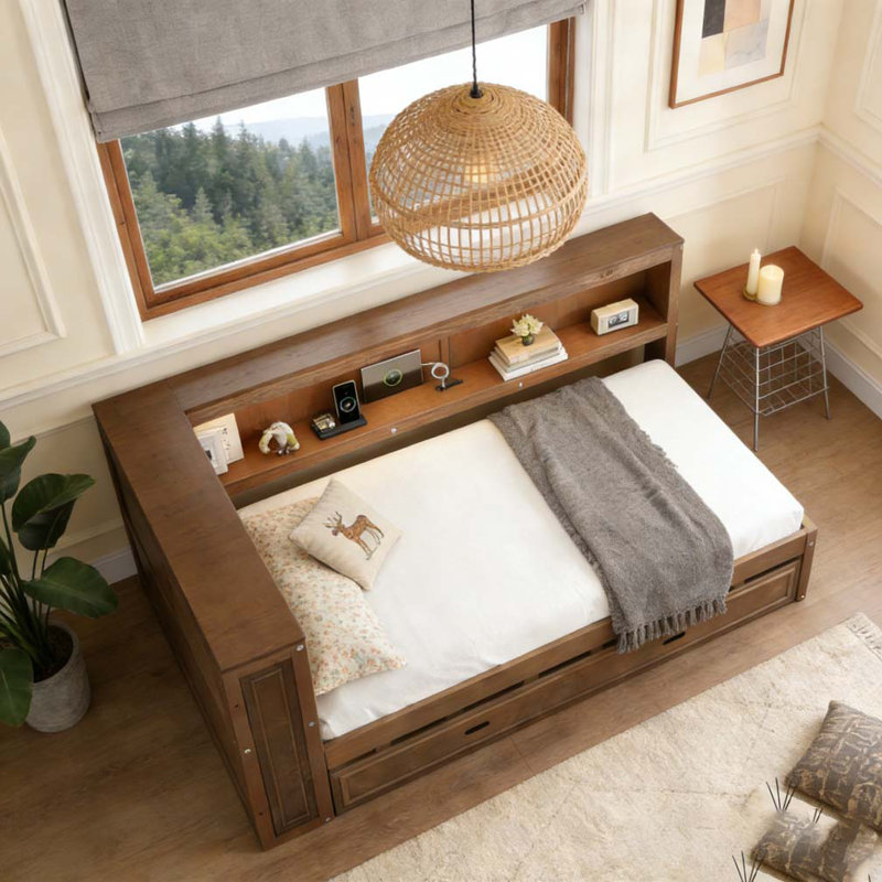 Lit de jour en bois pleine grandeur avec tablettes de rangement, USB, DEL et lit gigogne, Bois