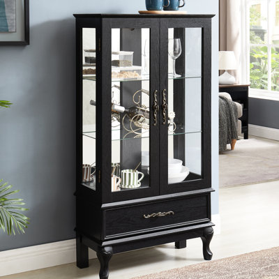 Présentoir à vin avec lumières à DEL, design élégant, grand rangement, tablettes réglables, panneau arrière à 2 portes en miroir, poignée rétro
