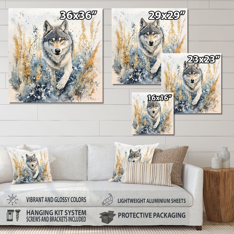 Wolf Running In The Meadow II - Animals Metal Wall Art Decor, Wolf Metal Print, 16" H x 16" W x 0.84" D