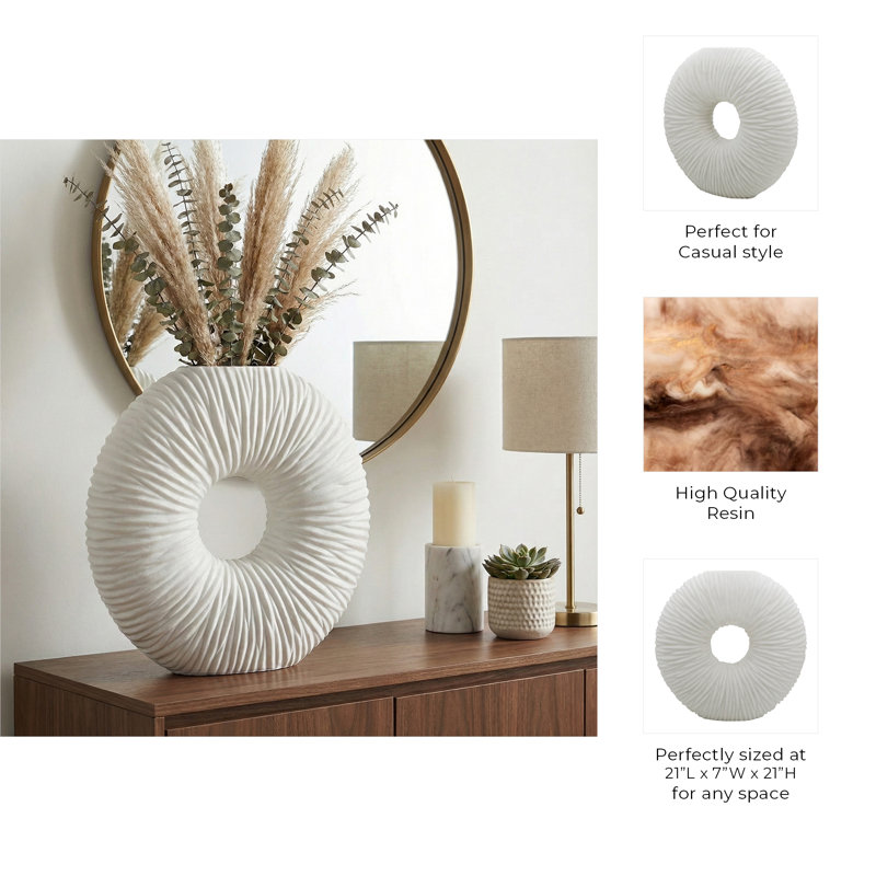 Elegant Circular Resin Vase for Living Room Table Decor - Donut Shaped Tall Flower Vase Accent Piece for Office or Home Display - 21", White