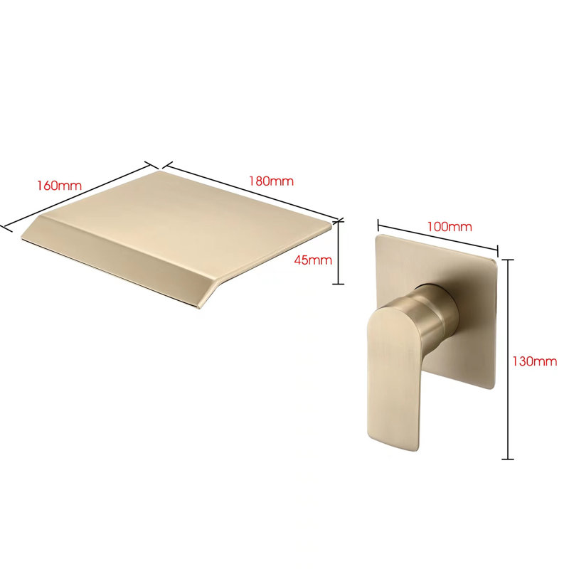 Brushed Gold Waterfall Tub Faucet - Wall Mounted Bathroom Sink With Ceramic Disk Valve And Sleek Appearance Stainless Steel Mounted, Gold, Modern Decoration