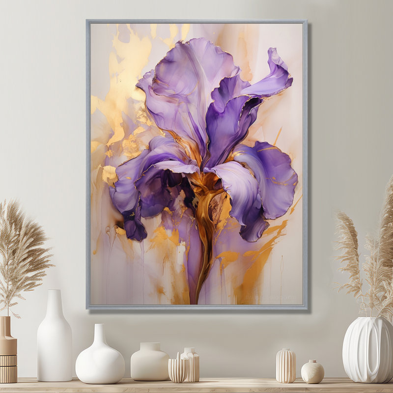 Iris doré - Rêve mauve - iris, art mural grand format, H 32 po x l 16 po x P 1 po, Encadrement argenté
