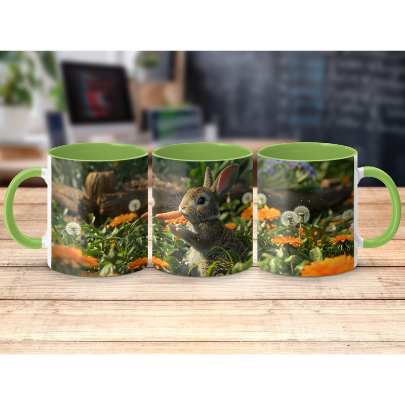 Set of 4 Realistic Animal Design 11oz Accent Mugs – Ceramic Coffee Cups with a Light Green Handle and Interior