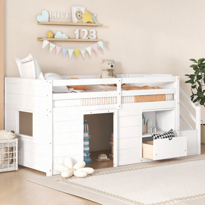 Bed, Solid Wood Low Loft Bed with Stair, Drawer, And Shelf