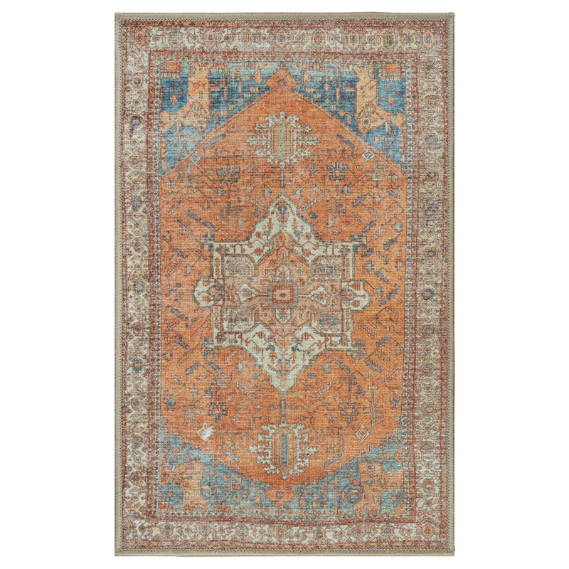 GLN Rugs Traditional Collection - Machine Washable Area Rug, Traditional Washable Rug, Non Slip Washable Rug, Low Pile Chenille Living Room Rug, Bedroom Rug, Kitchen Rug (Burnt Orange Rug)