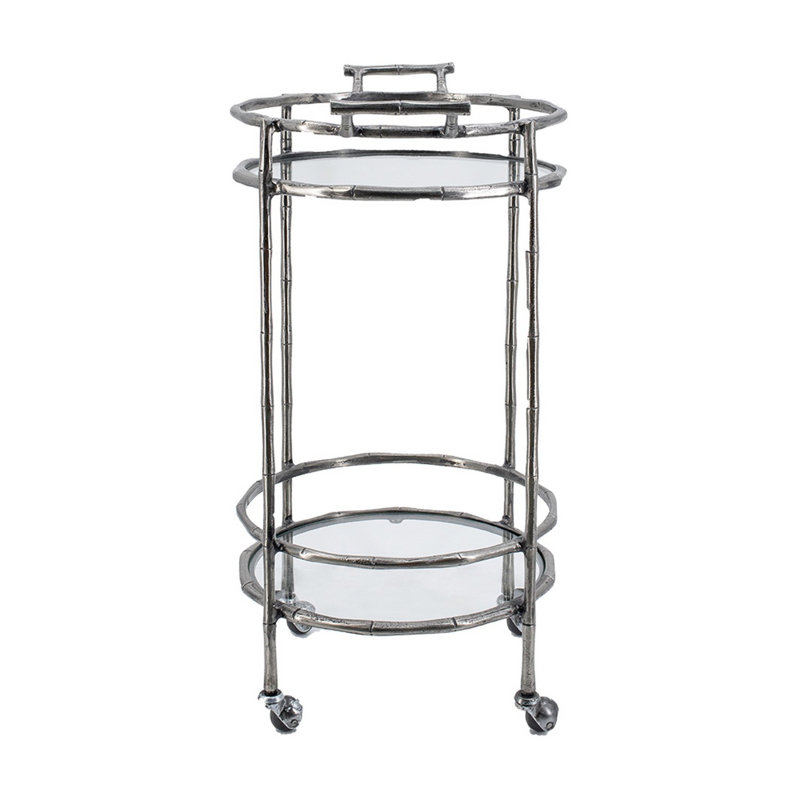 Chariot-bar roulant à 2 niveaux, tablettes en verre, métal argenté en bambou 30 po
