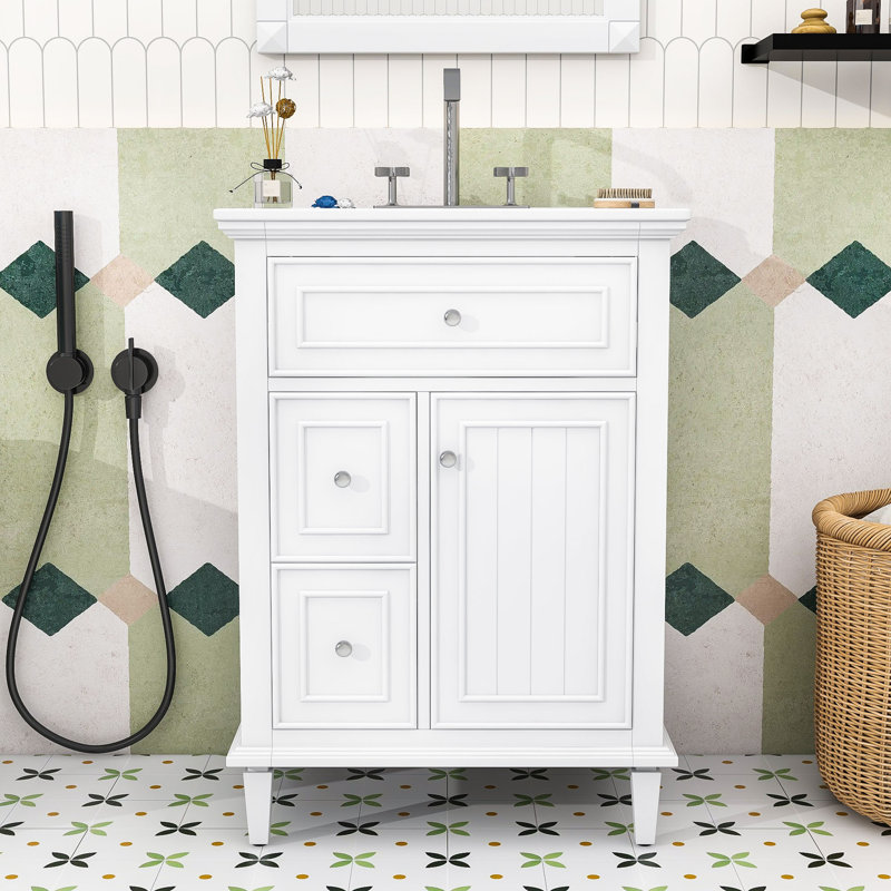 Meuble-lavabo simple contemporain en bois avec lavabo en céramique, tablette réglable et tiroirs de rangement, Blanc