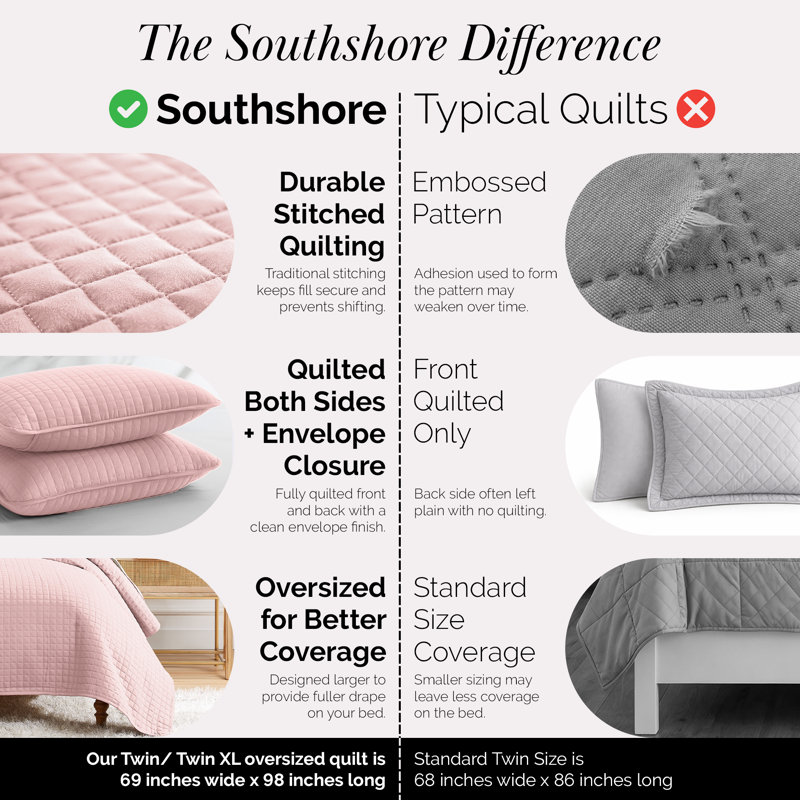 Southshore Fine Linens Vilano Oversized Quilt Set, Double-Brushed Microfiber Lightweight Quilted Bedding and 1 Pillow Sham, Twin/Twin XL, Pastel Pink
