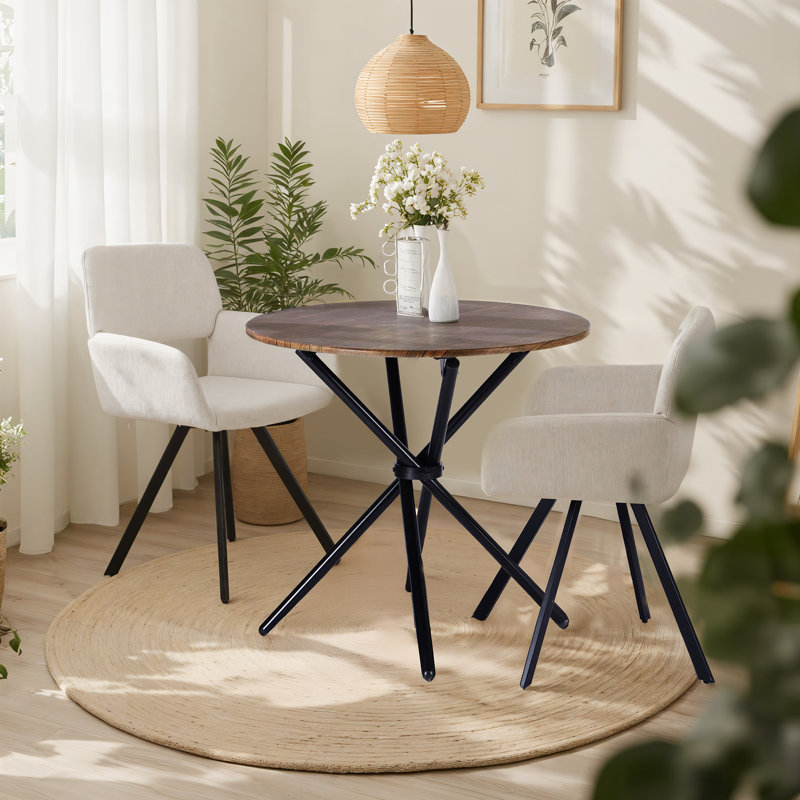 Harjovan 3 pieces Modern Dining Set Round Table Swivel Upholstered Chairs for Small Spaces Dining Room breakfast nook, Walnut