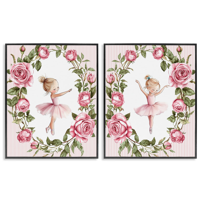 «Little Rose Dancers», ensemble de 2 giclées encadrées, design par Christine Simpson Art, Giclée noire de minuit encadrée