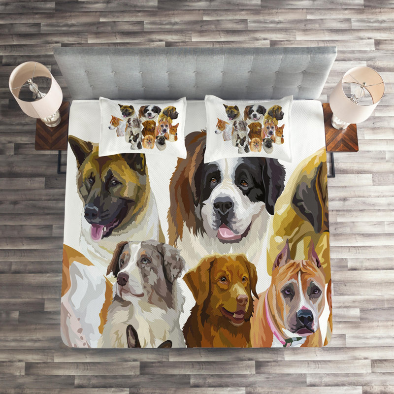 Dog Polyester Coverlet, Queen Bedspread + 2 Shams