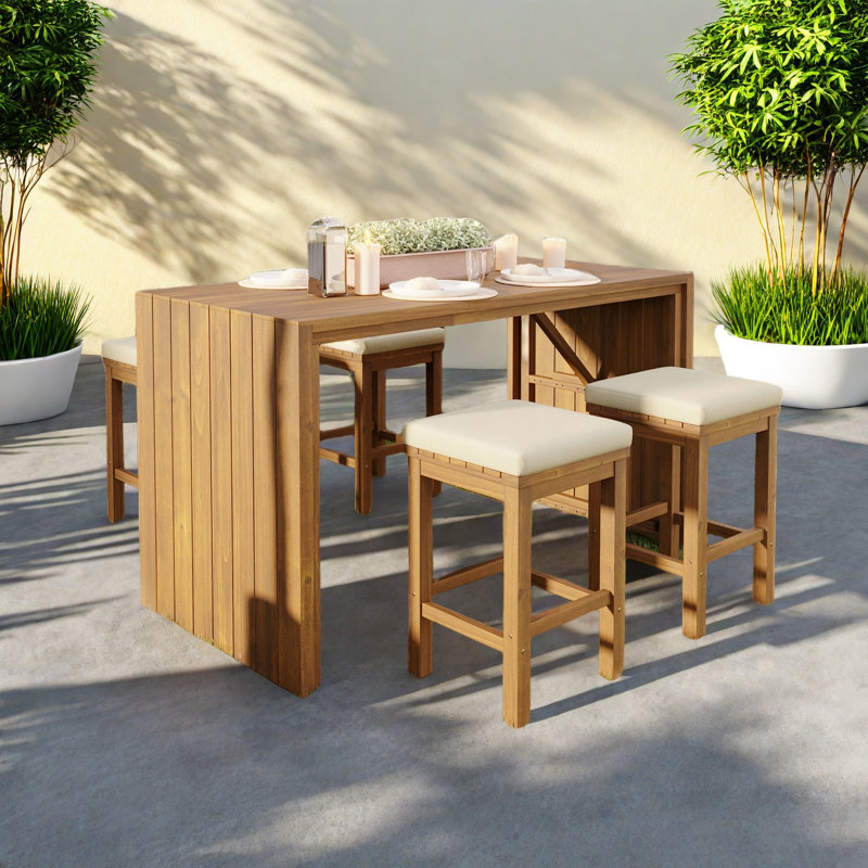 5 Pieces Outdoor Bar Set Included 1 Height Table & Four Stools With Cushions