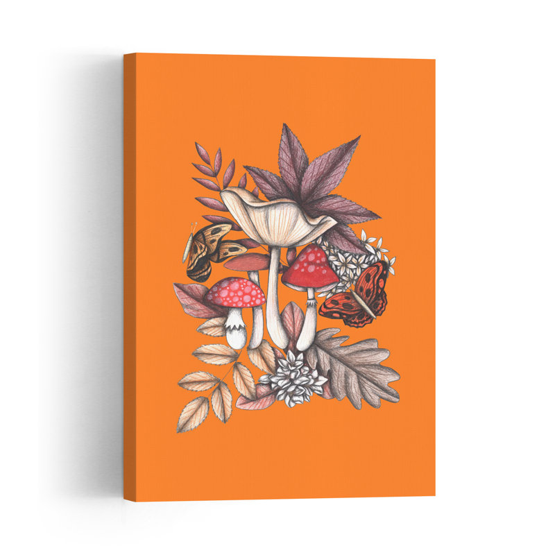 Autumn Mushroom Butterflies Vibrant Abstract Contemporary Butterfly Fly Autumn Forest Wall Art Print 1 Piece Wrapped Canvas Wall Art