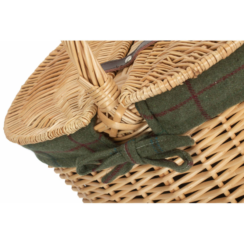 Wicker Lidded Picnic Hamper Basket with Lining, Buff/Green Tweed