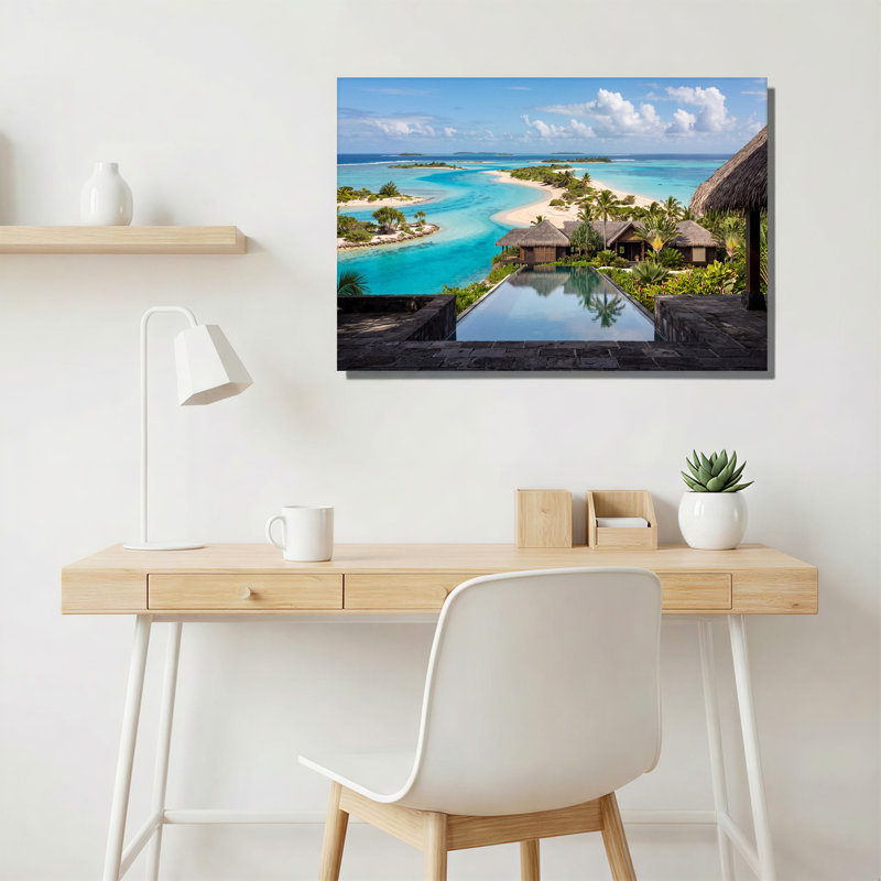 Toile tropicale avec piscine à débordement et lagon turquoise, 12"H x 18"W
