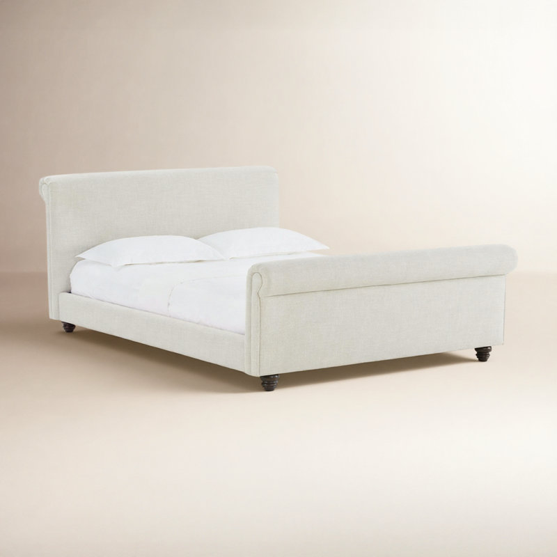 Waverly Sleigh Upholstered Platform Bed with Rolled Headboard and Footboard, King, Effie Linen Performance Linen