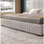 Très grand lit tapissier en chenille plissée et à angle - lumières réglables, tête de lit plateforme, table de chevet, lampes, beige