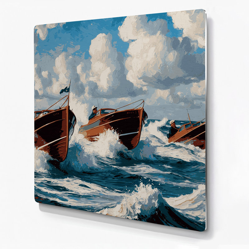 Nautique, bateaux à moteur gris, art mural, H 16 po x l 16 po