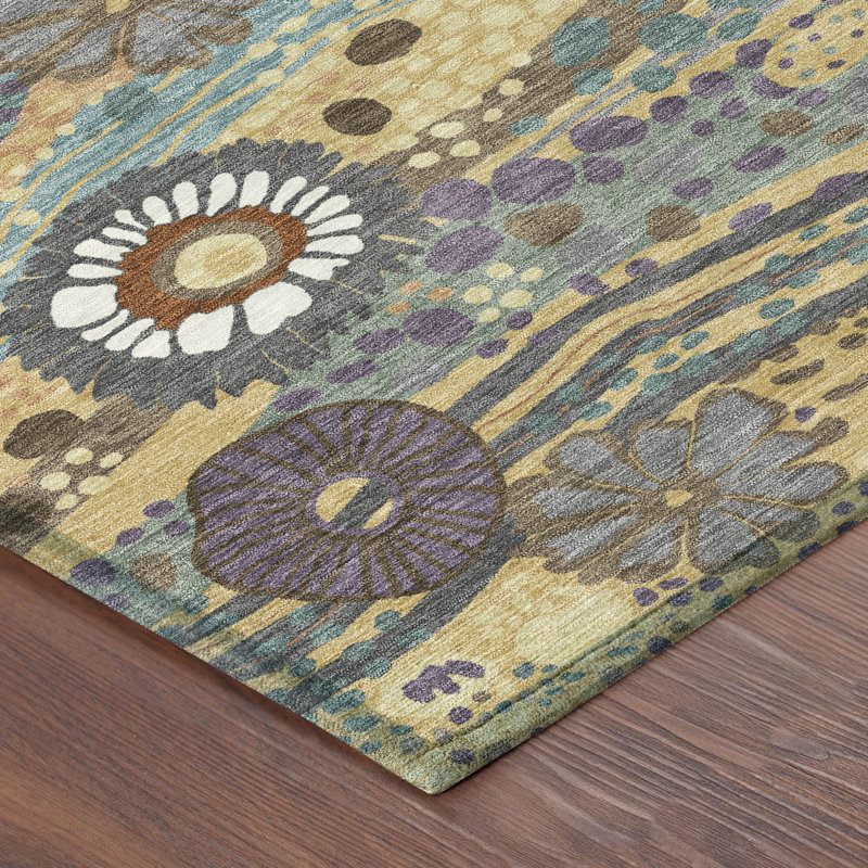 Machine Washable Indoor/Outdoor Chantille ACN2498 Floral Rug, Gold, 3' x 5'