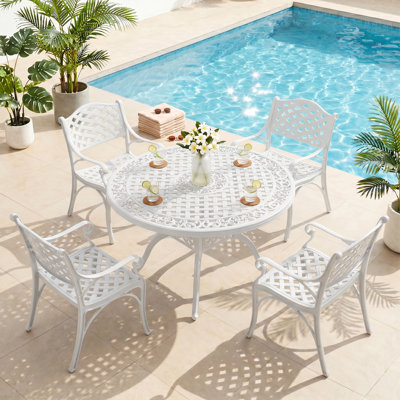 5 Piece Modern Outdoor Dining Set, Cast Aluminum Patio Table And Chairs, 48" Round Table With Umbrella Hole, White
