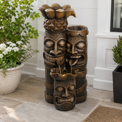 Fontaine tropicale Tiki avec lumières DEL chaudes, fontaine extérieure en résine 29,53 po, 2 couleurs