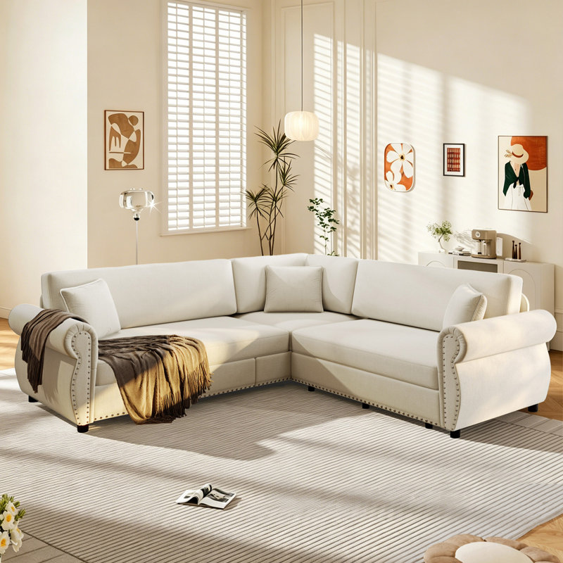 Canapé-lit modulaire escamotable, canapé-lit modulaire en L en chenille, Beige