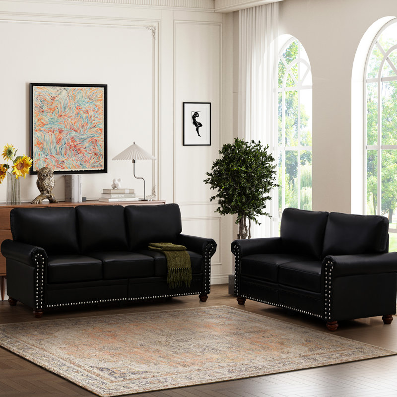 Rangement modulaire 2 + 3 pour le salon, similicuir noir, support en bois massif et en métal, rembourrage en éponge élastique haute, cuir d'assemblage facile - avec rangement, construction et housse en polyuréthane