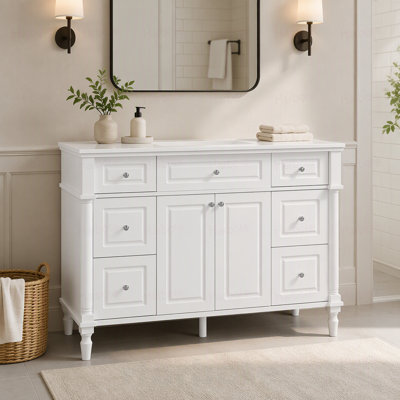 Meuble-lavabo autoportant de 47,8 po de style vintage avec lavabo, armoire de salle de bain avec 6 tiroirs et 2 portes, pieds en bois massif, charnières à fermeture en douceur