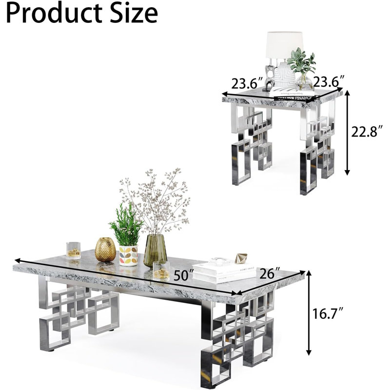 3 Piece Grey And Silver Living Room Table Set