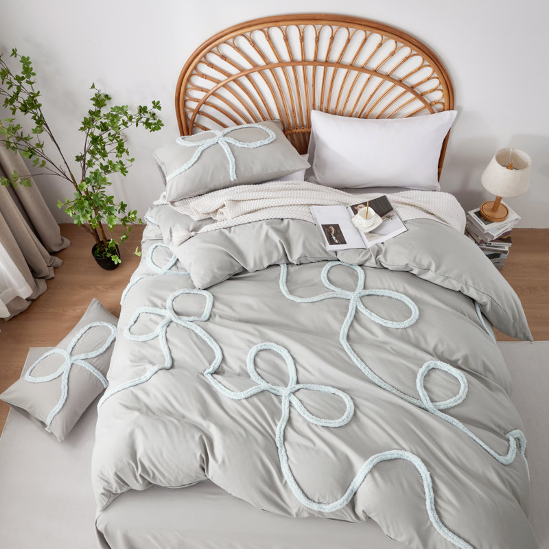Boho Tufted Embroidered Duvet Cover Set with Zipper and Ties for All Season, Gray, Twin Duvet Cover + 1 Pillowcase