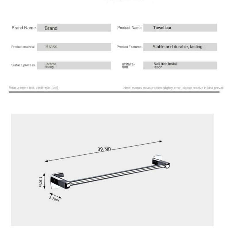 Porte-serviettes de salle de bain sans perçage avec fabrication en laiton massif - Porte-barre simple peu encombrant pour l'organisation de la salle de bain, de la douche et de la cuisine