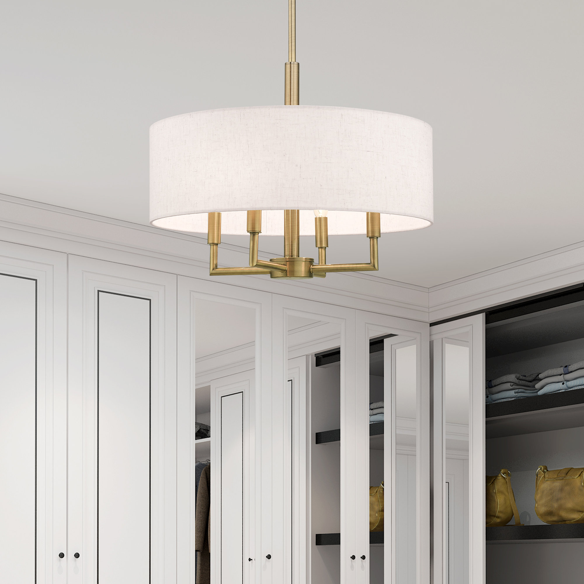 Flaire 4-Light Dimmable Shaded Drum Chandelier, Antique Brass